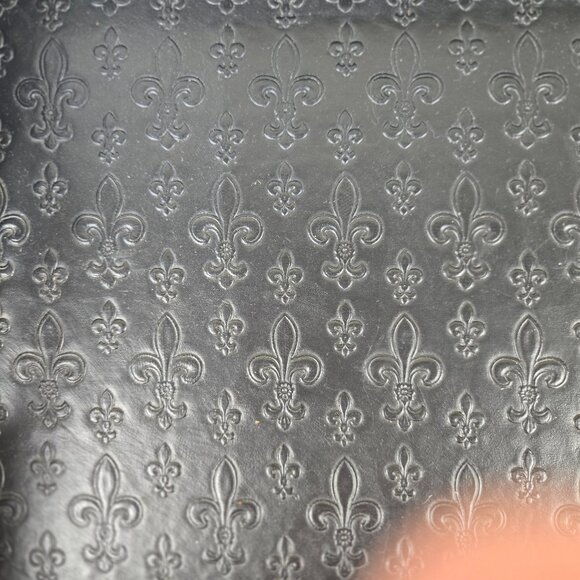 Black Leather Tray with Embossed Fleur de Lis Pattern Open Wrapped Handles - Picture 2 of 12